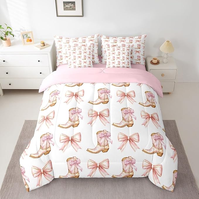 7 Pieces Western Cowgirl Comforter Set Queen,Pink Bowknot Cowgirl Boots Rustic Farmhouse Bedding Set,Bow Tie Geometric Patchwork Golden（Comforter+Fitted+Flat Sheet+2 Pillowcases+2 Throw Pillow Covers）