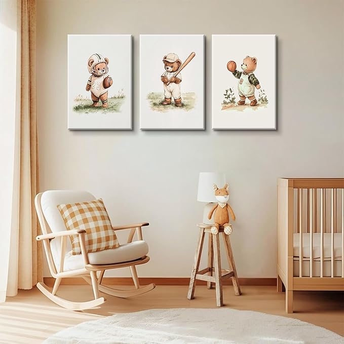 3Pcs Nursery Teddy Bear Canvas Wall Art Vintage Sports Bear Wall Decor Sports Boys'Room Artwork Prints Basketball Football Baseball Painting Pictures for Children's Room Boys' Room (12x16in Canvas)