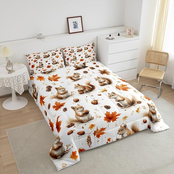 Feelyou Boys Girls Fall Autumn Duvet Cover Twin Size, Cute Squirrel Comforter Set Cartoon Animal Comforter Cover Kids Maple Leaf Teens Bedspread Cover Bedroom Decor Bed Set 2Pcs