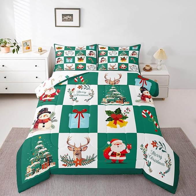 Erosebridal Merry Christmas Quilt Toddler Size for Kids Teens Santa Claus Xmas Tree Bedding Set Cartoon Deer Snowman Comforter Set with 1 Pillow Case