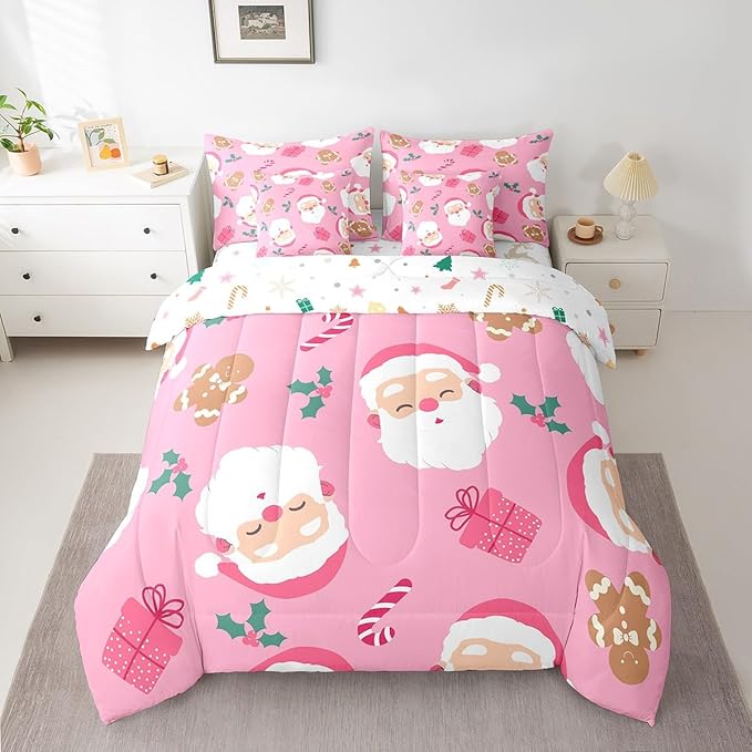 Christmas Gingerbread Man Kids Bedding Set Cartoon Christmas Santa Claus Comforter Set with Sheets for Boys Children Decor Pink Bed in a Bag New Year Bed Set 7Pcs King Size