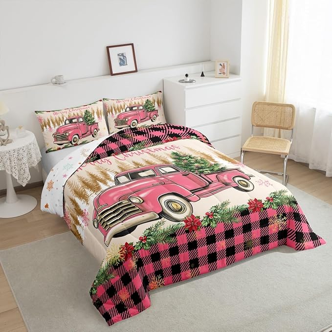 Erosebridal Christmas Comforter Sets Merry Xmas Tree Bedding Sets Twin Red Truck Painting Down Comforter,Lattice Decor Bed Set for Kids Boys Girls Teens Bedroom Decor,Reversible