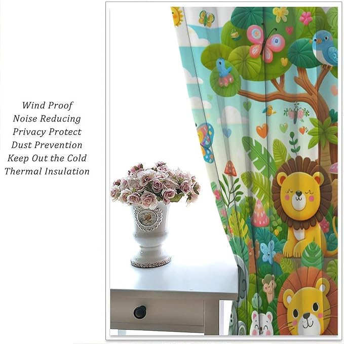 Cartoon Animals Curtain Jungle Forest Elephant Lion Butterfly Floral Print Curtains for Kids Boys Girls Nursery Baby Bedroom Playroom Home Decor Window Drapes 42" W X 63" L