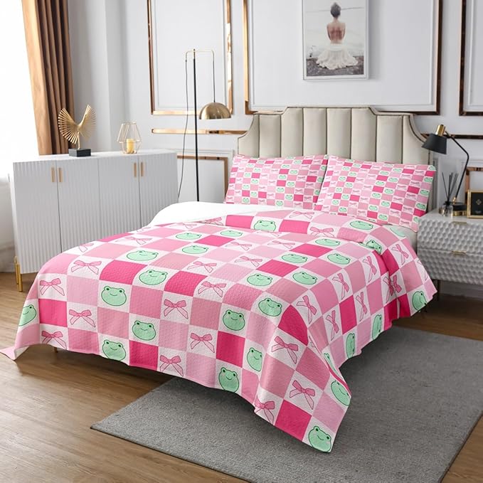 Manfei Cartoon Frog Kids Bedspread Queen Size,Pink Bowknot Bow Tie Butterfly Knot Coverlet Set,Girls Women Room Decor,Geometric Plaid Grid Patchwork Quilted Coverlet,Cute Bedding Quilt,2 Pillowcases