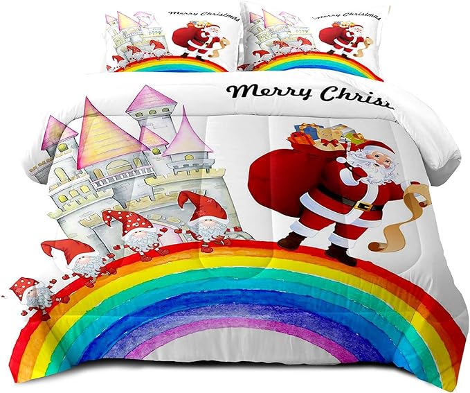 LUVIVIHOME 3PCS Merry Christmas Comforter Set King Size, Funny Santa Claus Bedding, Gnome Castle Rainbow Christmas Bedroom Decor for Kids Girls Boys Teens, White Quilt, Xmas Gifts, 2 Pillow Cases
