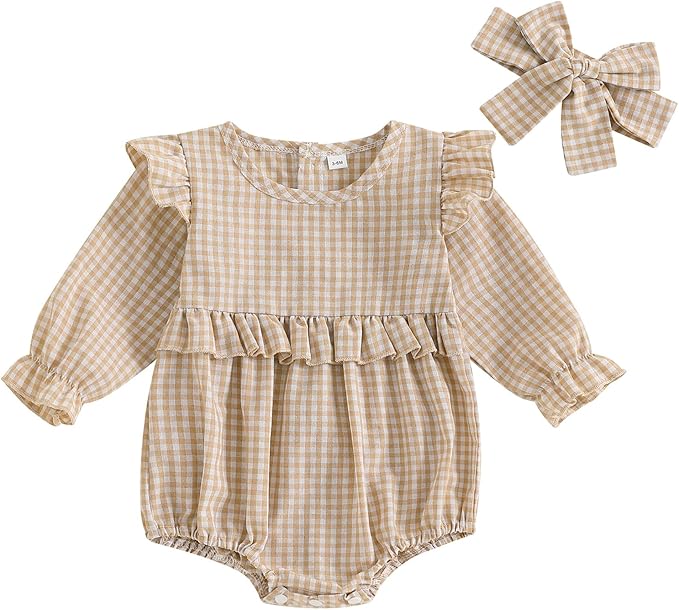 Karuedoo Newborn Baby Girl Clothes Gingham Plaid Bubble Romper Long Sleeve Ruffle Bodysuit with Headband Spring Fall Outfit