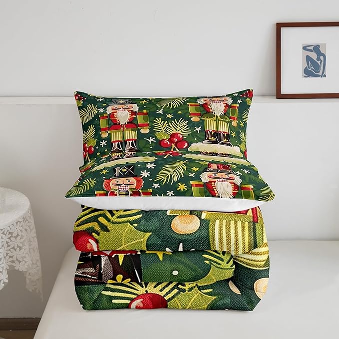 Christmas Cartoon Soldier Comforter Set Twin Size,Christmas Leaves Snowflake Bedding Set for Kids Boys Girls Room Decor,Xmas Abstract Art Quilt Set 2Pcs,Polka Dot Green Duvet Insert,1 Pillowcase