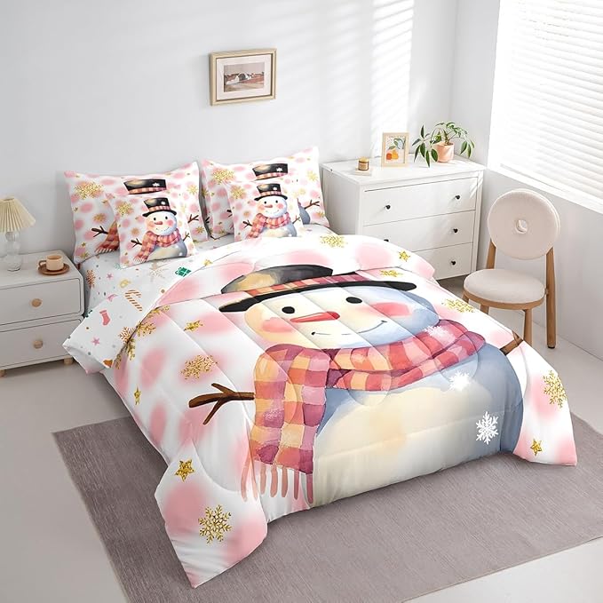 Feelyou Kids Merry Christmas Decorations Queen Size Bed Set Xmas Snowman Bed in a Bag Pink Bedding Set Soft Warm Lightweight Comforter Set with Sheets