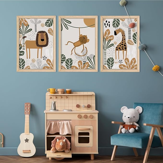 YWJKWLGS Kids Safari Animal Wall Decor, 3 Piece Nursery Art for Baby Room 16"x24" Jungle Theme Cute Lion Monkey Giraffe Prints Sign Wood Framed for Children's Room Toddler Bedroom Decoration (Wood)