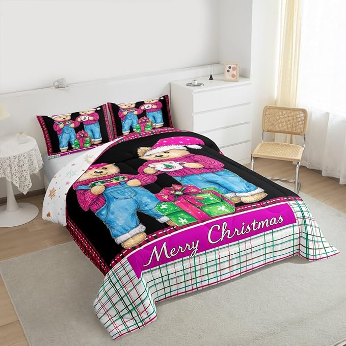 Feelyou Merry Christmas Kids Comforter Set Toddler Size Cute Bear Bedding Set Duvet Quilt for Kids Boys Girls Bedroom Winter Decor Microfiber Ultra Soft Breathable