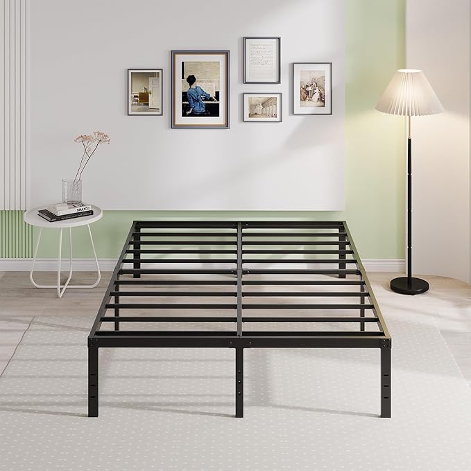 EMODA Queen Bed Frame No Box Spring Needed 14 Inch Heavy Duty Metal Platform BedFrame Queen Size with Steel Slats, Easy Assembly, Black