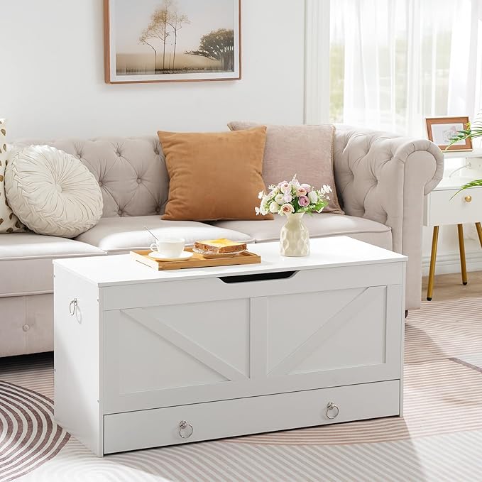 HOOBRO Storage Chest, 39.3" Toy Chest with Drawer, Wooden Storage Bench, Sturdy Entryway Bench Supports 220 lb, Shoe Bench, Safety Hinge, U-Shaped Opening, Easy Assembly, White WT710CW01G1