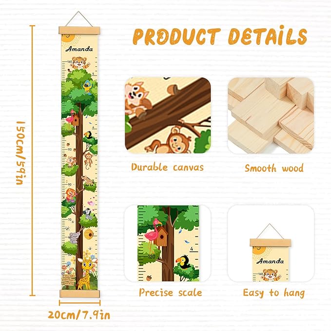 Personalized Name Growth Chart for Wall, Painted Tree Animals Canvas Height Chart for Kids Baby Child Toddler, Canvas Growth Chart for Wall Nursery Decor, Hangable & Waterproof