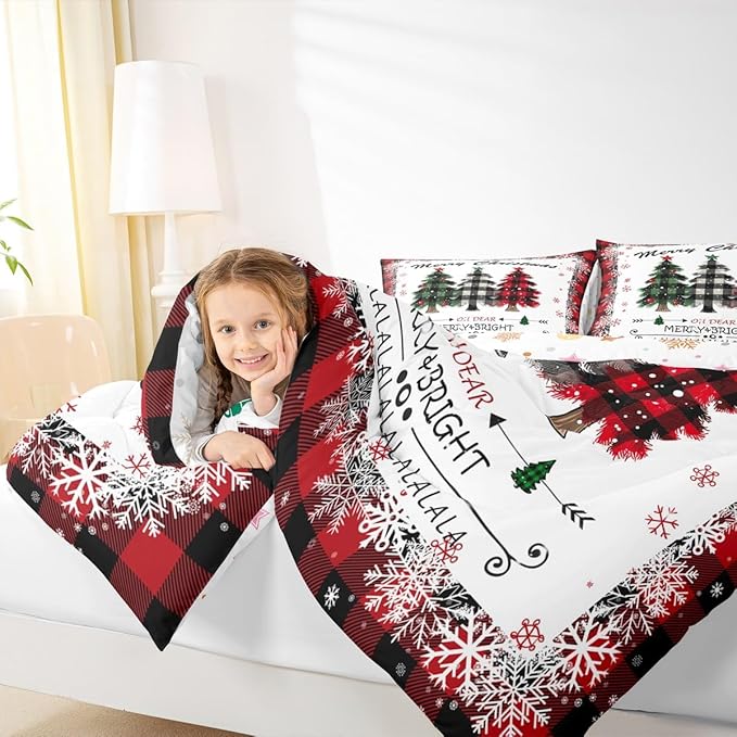 Christmas Comforter Set Full Size, Red Plaid Xmas Trees Bedding Set 3pcs , Winter Snowflake New Year Reversible Down Comforter for All Season, Kids Boys Girls Room Decor, 2 Pillowcases, No Sheets