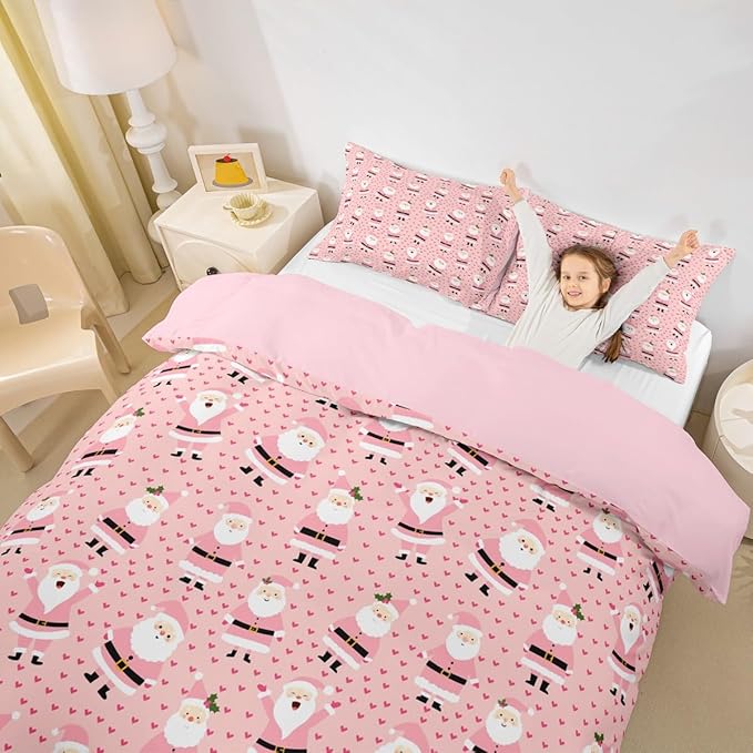 Feelyou Christmas Bedding Set for Kids Boys Girls Cute Santa Claus Comforter Cover Set Cartoon Xmas Theme Duvet Cover Bedroom Decor Pink Dreamy Heart Bedspread Cover Toddler Bedding Collection 2Pcs