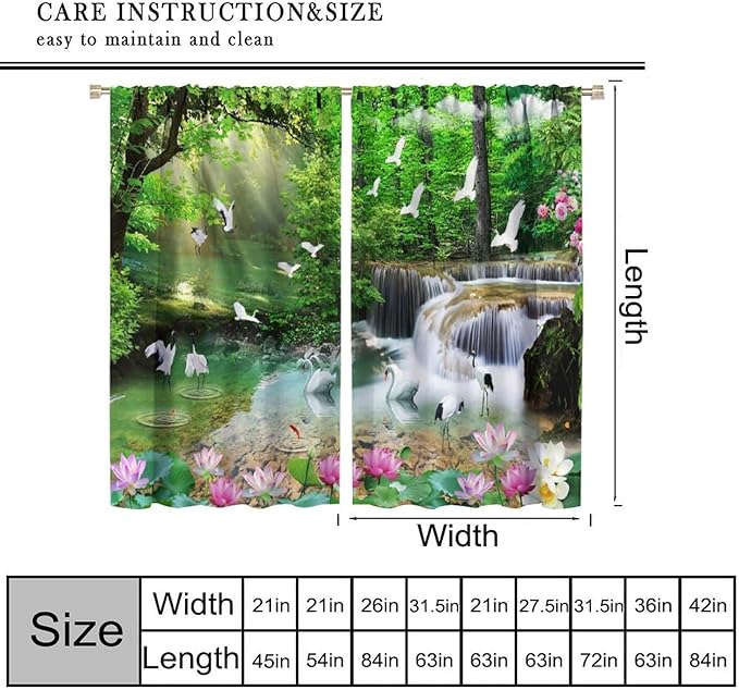 Nature Blackout Curtain, Waterfall Landscape Forest Swan Fish Pattern Rod Pocket Window Drapes, for Bedroom Living Room 63" W X 72" L