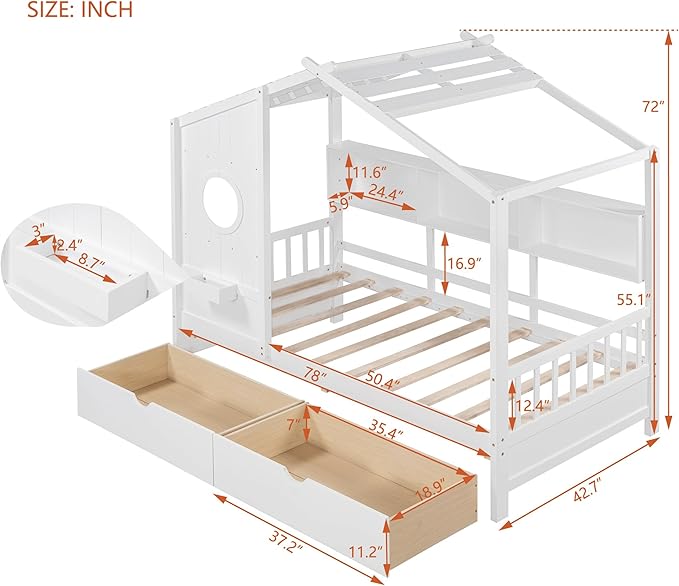 Merax Wood Multifunctional Daybed with Drawers/Storage Shelf, House Low Day Bed for Kids, Space Saving, Easy Assemble White