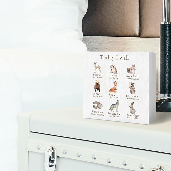 Affirmation Kids Nursery Wood Box Sign - Inspirational Desk Shelf Decor, Motivational Desk Decor, Positive Affirmations Animals Wooden Block Plaque Box Sign for Kids Nursery Decorations