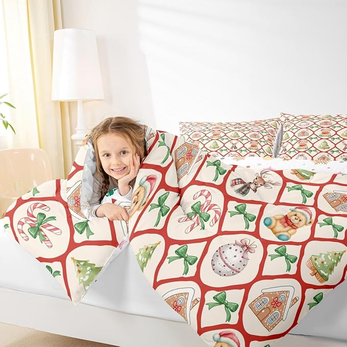 Merry Christmas Kids Comforter Set Queen Size,Kawaii Bowknot Xmas Bear Bedding Set,Room Decor,Pine Tree Geometric Lattice Quilt Comforter,Beige Red Green Duvet Set Bedroom Quilt Set,2 Pillowcases