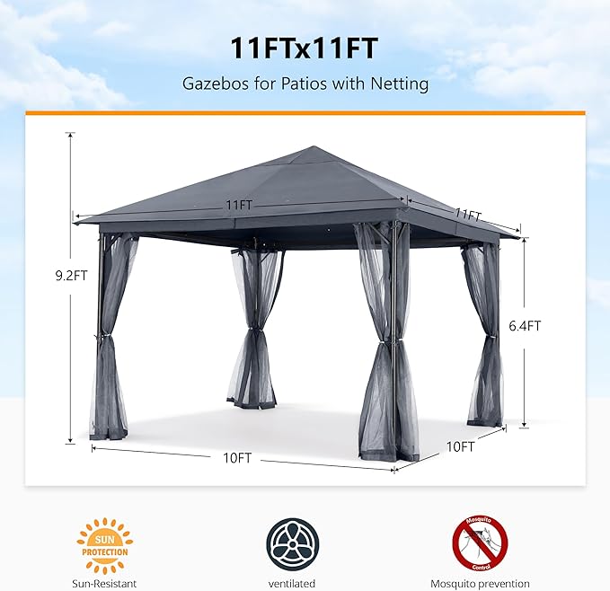 ABCCANOPY Outdoor Patio Gazebo 11x11 - Single Roof Canopy with Mosquito Netting for Backyard, Deck, Garden, Lawn, Dark Gray