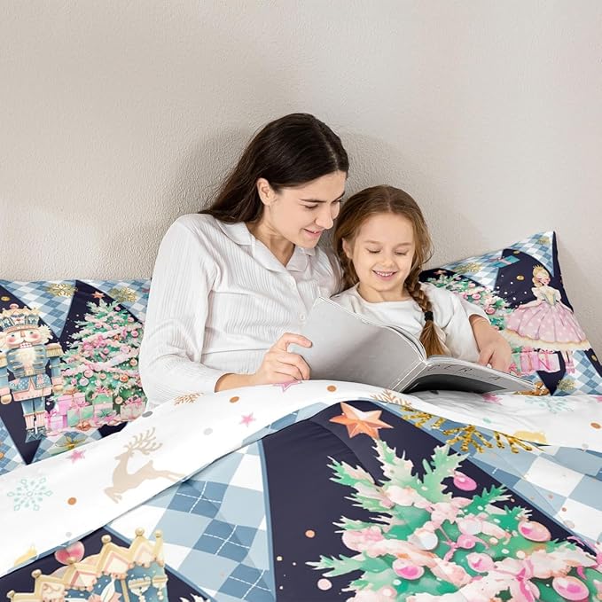 jejeloiu Christmas Nutcracker Comforter Set Queen Size Gingerbread Man Bedding Set for Kids Boys Girls Xmas Tree Duvet Quilt Dark Blue Bedroom Decor