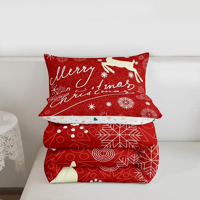 Merry Christmas Kids Comforter Set Full Size,Deer Animal Silhouette Bedding,Girls Boys Adults Bedroom/Xmas Cabin Decor,Snowflake Dot Graffiti Down Comforter,Red Romantic Duvet Insert,2 Pillowcases