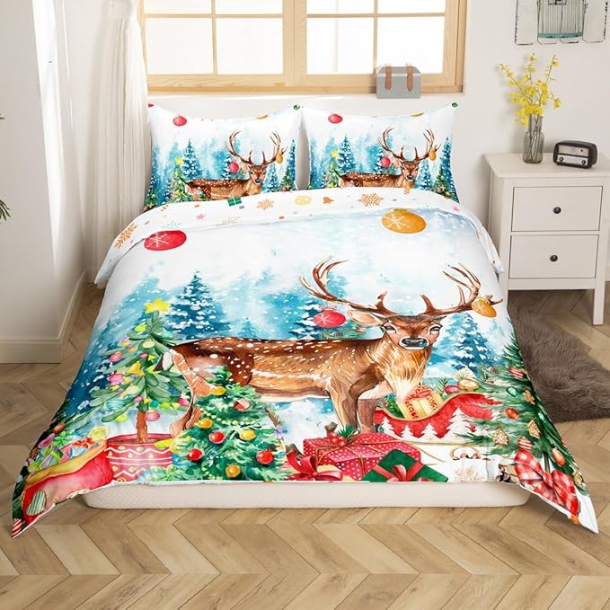 Manfei Merry Christmas Duvet Cover King Size,Watercolor Christmas Trees Gifts Wild Moose Super Soft Bedding Set for Boys Girls,Winter Happy New Year Comforter Cover Bedding 3 Piece (No Comforter)