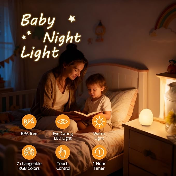 Silicone Baby Night Light,Egg Night Light for Baby Nursery, 7 Colors Changing & 30-Min Timer Portable Nursery Night Lamp forBaby Nursery & Kids Bedroom,DIY Hand - Painted Custom Lamp