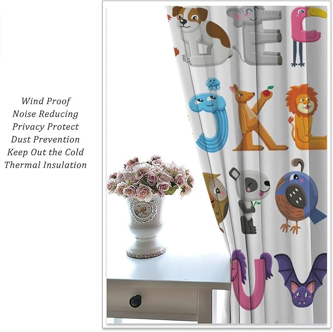 Kids Alphabet Curtains Cartoon Animal Baby Children Funny Learning Educational Curtain with Rod Pocket for Bedroom Nursery Decor Drapes Window Treatments 2 Panels Set 72x63in