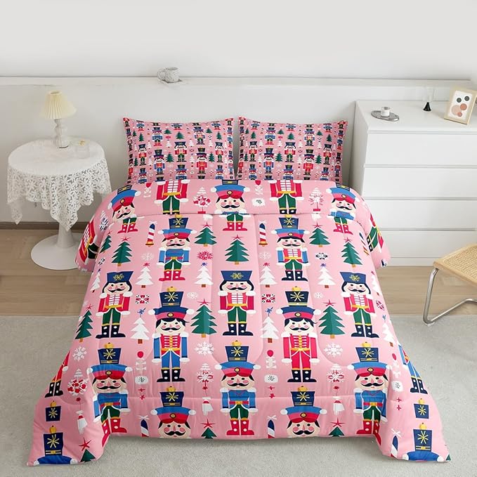 Feelyou Cute Nutcracker Kids Comforter Set Toddler Christmas Tree Bedding Set Xmas Snowflake Duvet Quilt for Kids Boys Girls Bedroom Colorful Soldier Decor Candy-Cane Designs Soft Breathable