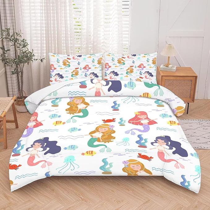 kxry Little Mermaid Princess Comforter Set Queen Size Fairy Tale Sea Shell Grass Bedding Sets for Girls Teens Kids Soft Microfiber Lightweight Comforter Set with 1 Comforter + 2 Pillow Cases