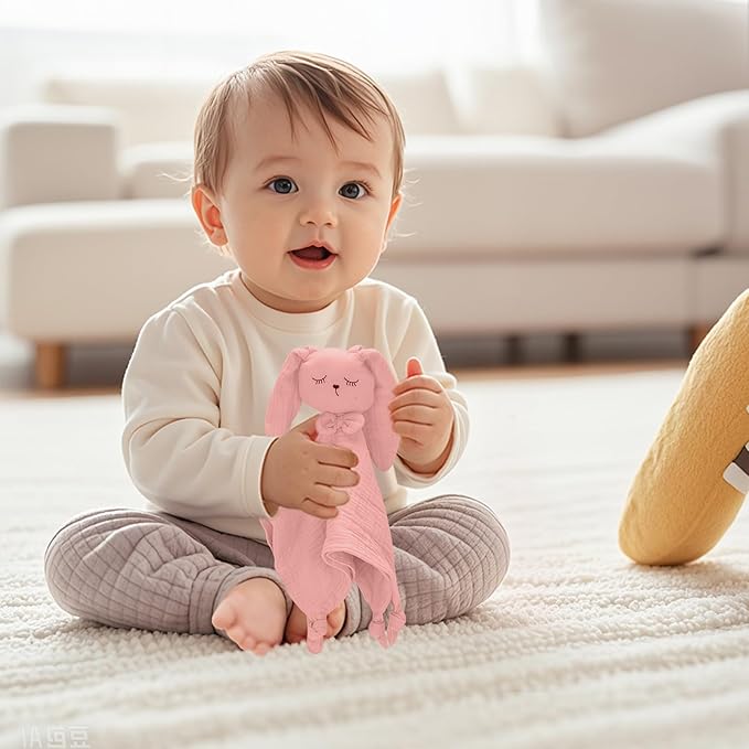Little Rawr Organic Cotton Muslin Bunny Loveys for Babies Baby Security Blanket Baby Snuggle Toy Newborn Essentials Must Haves(Rabbit-Pink)