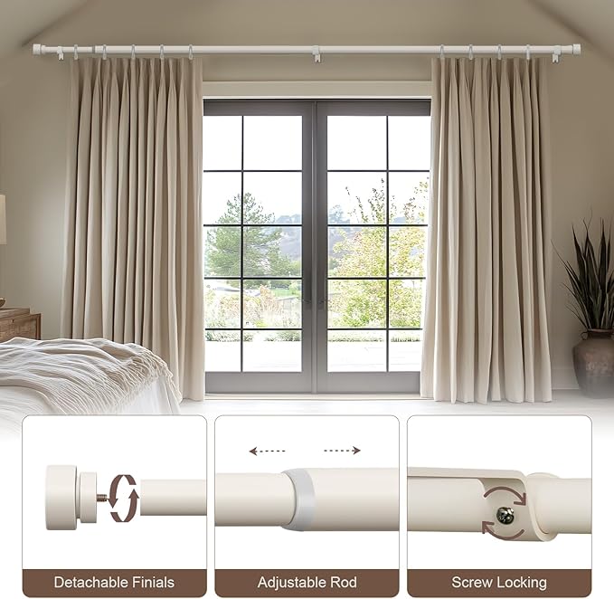 Modern White Curtain Rods for Windows 48 to 84 Inches Adjustable Length Heavy Duty 1" Diameter Window Curtain Rod with Decorative Finials for Outdoor Farmhouse Bedroom Kitchen Living Room
