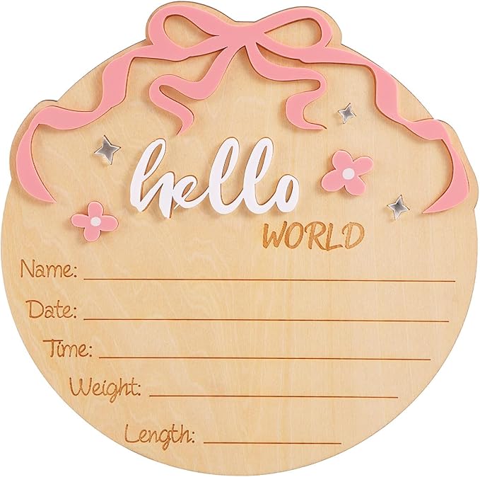 Hello World Newborn Sign, Wooden Pink Bow and Flower Baby Birth Announcement Board Newborn Welcome Sign for Nursery Home Hospital Decor Photo Props