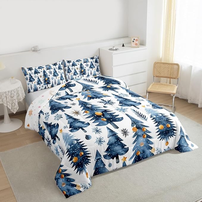 Feelyou Christmas Kids Comforter Set Twin Size Xmas Tree Bedding Set Snowflake Duvet Quilt for Kids Boys Girls Bedroom Watercolor Blue Decor Microfiber Ultra Soft Breathable