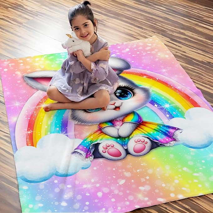 Rabbit Blanket Gift for Girls, Bunny Throw for Kids Teens Daughter 50x60 Inches Soft Warm Lightweight Rainbow Throw Blankets for Sofa Couch Bed Travel