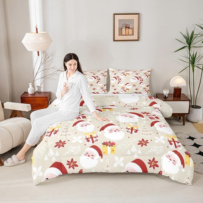 jejeloiu Santa Claus Comforter Set Twin Size Merry Christmas Bedding Set for Kids Boys Girls Xmas Themed Duvet Quilt Beige Bedroom Decor