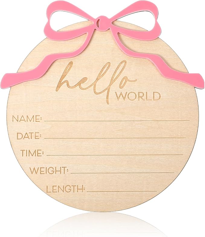 Baby Name Announcement Sign - Wooden Hello World Newborn Sign - Pink Bow Nursery Decor Welcome to the World Baby Girl Newborn Signs for Hospital