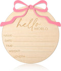 Baby Name Announcement Sign - Wooden Hello World Newborn Sign - Pink Bow Nursery Decor Welcome to the World Baby Girl Newborn Signs for Hospital
