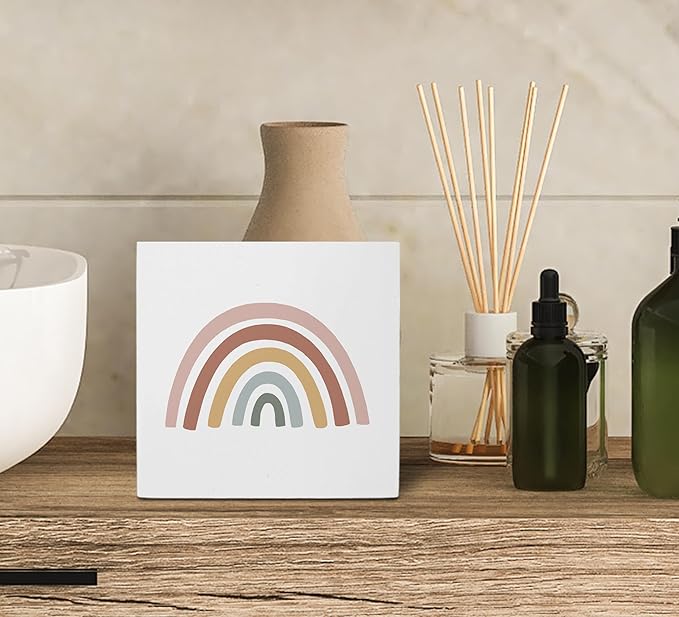 Boho Rainbow Desk Decor, Bohemian Rainbow Wood Box Sign Wood Block Plaque Decor for Home Girls Kids Room Bathroom Nursery Classroom Wall Desk Shelf Decoration