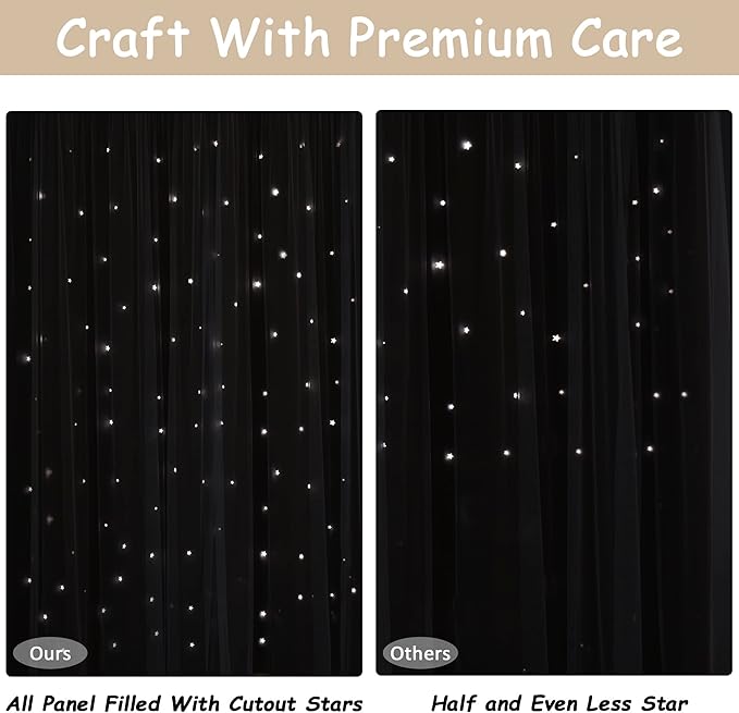Kinryb Kids Blackout Curtains for Bedroom/Living Room/Classroom, Sheer Overlay 95 Inches 2 Panel Set, Double Layer Curtains with Star Cutout for Kids Room(W 52 x L 95 Inches,Beige 2 Pcs)