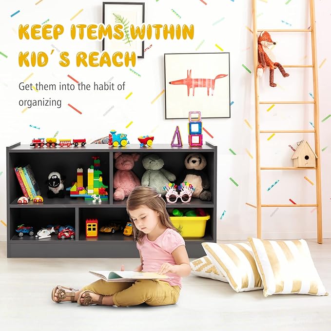 Costzon Toy Storage Organizer for Kids, 5-Section School Classroom Storage for Organizing Books Toys, Wooden Kids Bookshelf Daycare Furniture for Preschool, Playroom, Nursery, Kindergarten (Dark Gray)