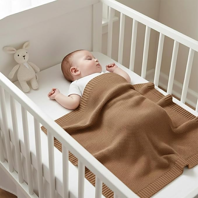 Baby Knit Blanket Soft Cotton Lightweight Newborn Blanket for Crib Stroller Toddler Nursery Shower Gift Cozy Breathable Travel Swaddle Wrap Mocha 30 x 40 Inches