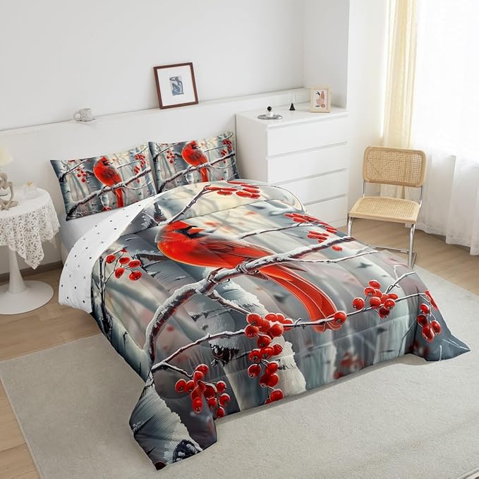 jejeloiu Kids Red Cardinal Comforter Set King Size Christmas Theme Bedding Set for Boys Girls Teens Xmas Birds Winter Rustic Country Farm Animal Duvet Quilt Room Decor
