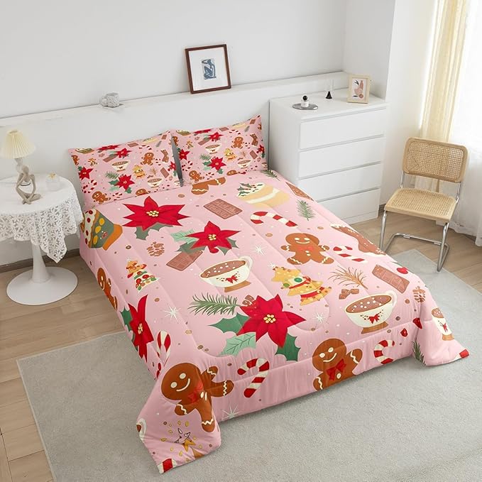 Feelyou Cute Gingerbread Man Bedding Set for Kids Boys Girls Queen Size Christmas Trees Comforter Set Ultra Soft Candy Comforter Dessert Duvet Quilt Bedroom Decor Christmas Decor Quilt