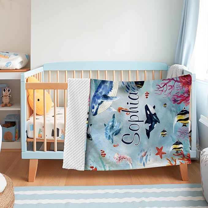 Custom Baby Blanket - Ocean Animals Theme Personalized Name Blanket for Boys Girls, Soft Infant Toddler Blanket with Whale and Dolphin, Customizable Nursery Bedding (30”x40)