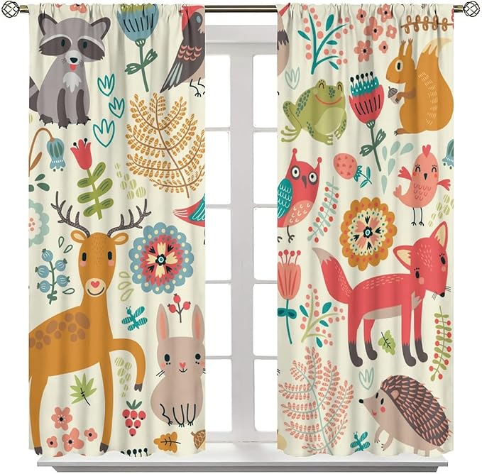 Kids Baby Woodland Blackout Curtains,Forest Animals Plants Cartoon Funny Colorful Deer Fox Owl Pattern Thermal Insulation Window Drapes for Boys Girls Children's Bedroom 52x84in