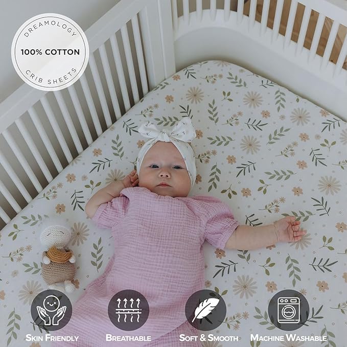 Dreamology Crib Sheets Cotton, 100% Cotton Fitted Crib Sheet, 2 Pack, Standard Crib Sheet, Cotton Crib Sheets fitted Girls,Boys,Crib Mattress Sheet,Toddler Bed Sheets, 28x52 Crib Sheet | Green,Flowers