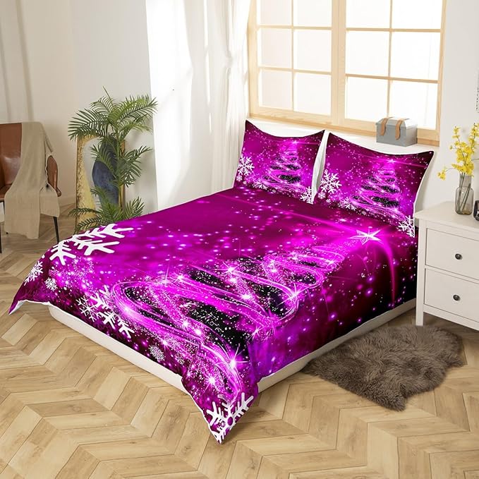 Manfei Purple Xmas Tree Duvet Cover Set King Size, White Snowflake Print Comforter Cover with 2 Pillowcases, New Year Theme Bedding Set 3pcs for Kids Boys Girls Bedroom Decor,No Comforter