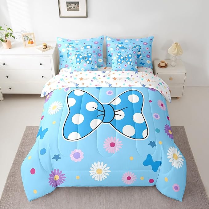 7 Pieces Blue Bowknot Kids Comforter Set Queen,Daisy Flowers Geometric Dot Patchwork Bedding Set,Star Bow Tie Princess Cute Dreamy（Comforter+Fitted+Flat Sheet+2 Pillowcases+2 Throw Pillow Covers）